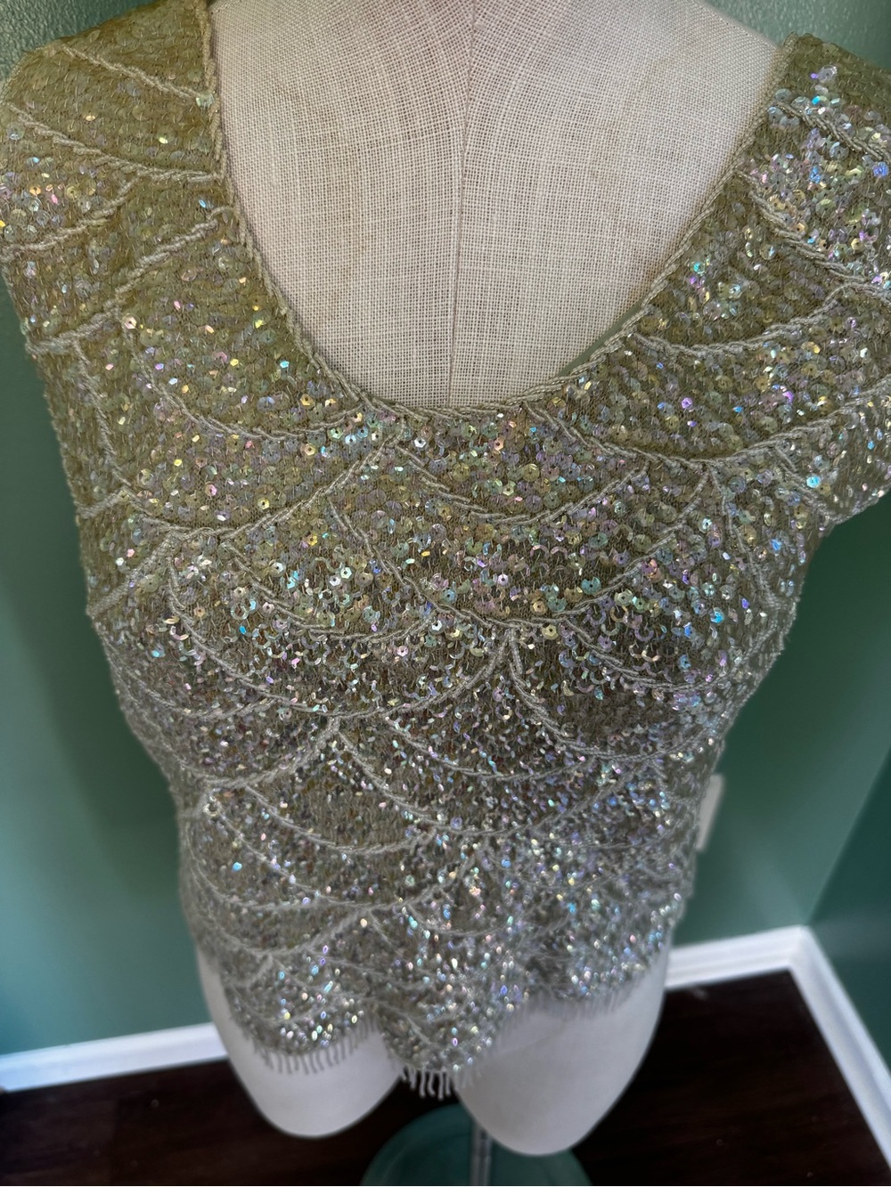 Vintage Sleeveless Sequin Scallop Top - Light Seafoam Green - Picture 5 of 13
